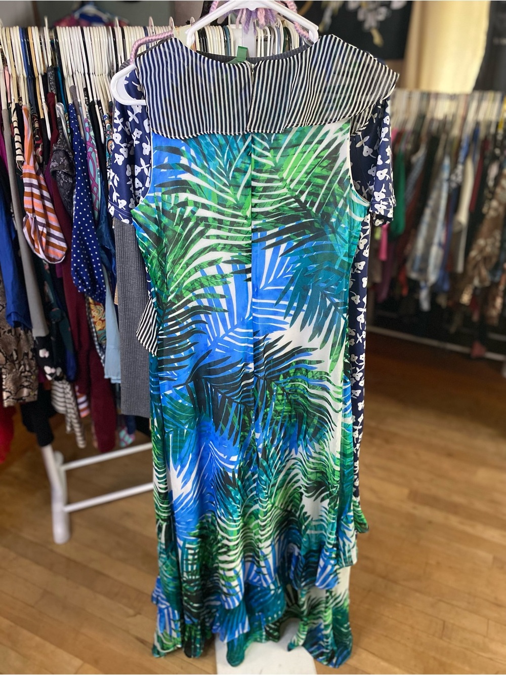 Calvin Klein Blue & Green Tropical Print V-Neck Maxi Dress with Striped Trim - Picture 5 of 5
